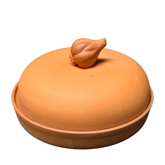 Vintage Ceramic Terra Cotta Garlic Roaster Baker Glazed Plate Dome 7" - Picture 1 of 10
